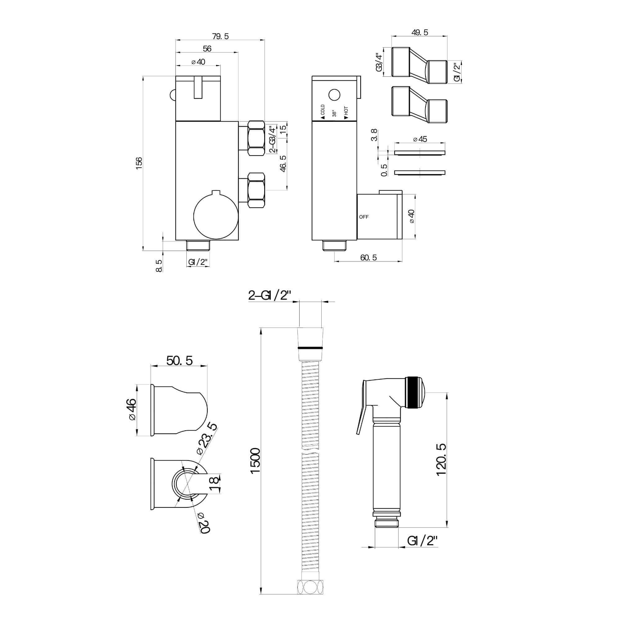 Vero round douche thermostatic bar valve with shower spray kit - brushed brass